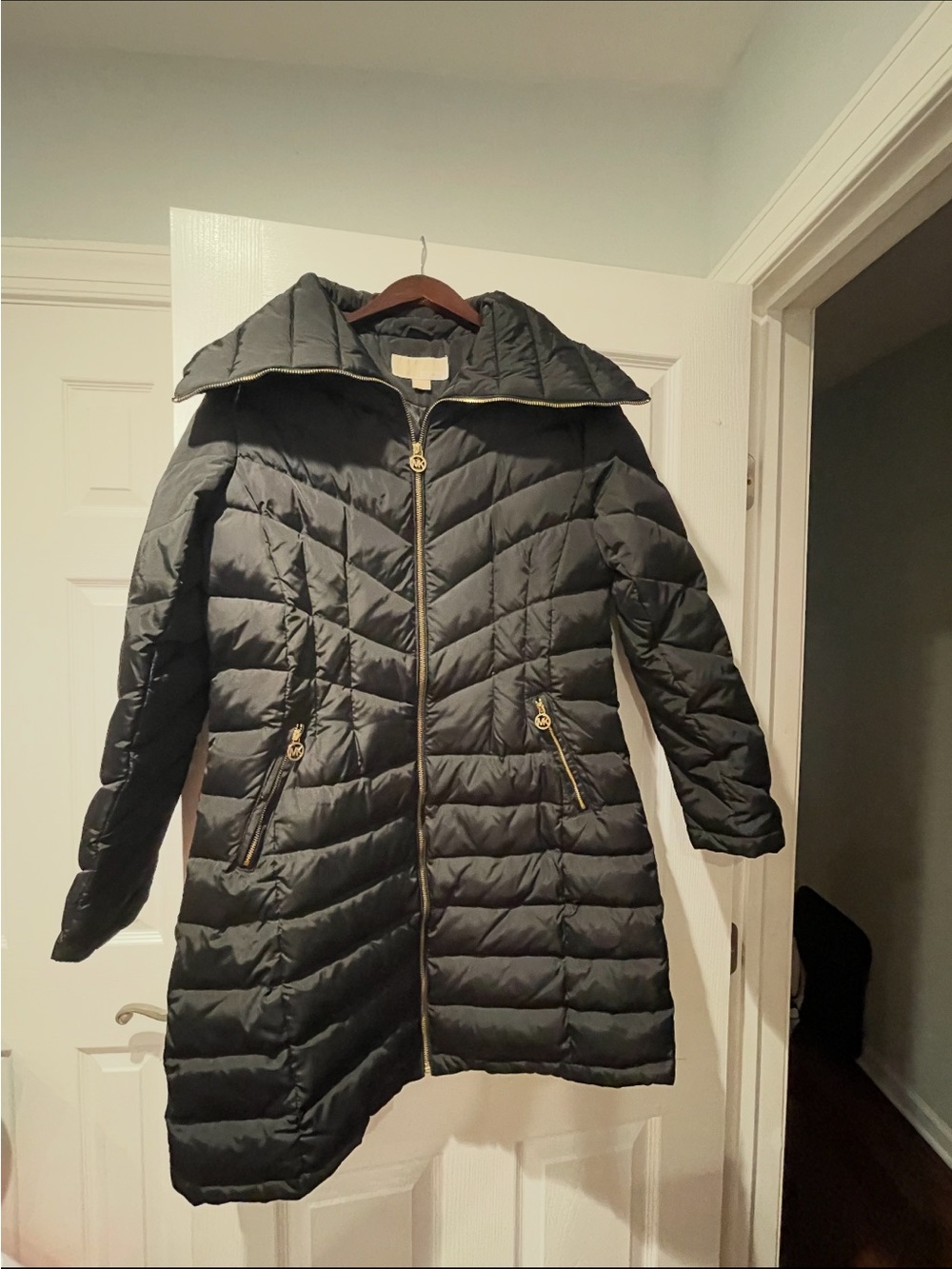 MK Women’s Quilted Black Long Puffer Coat with Hood